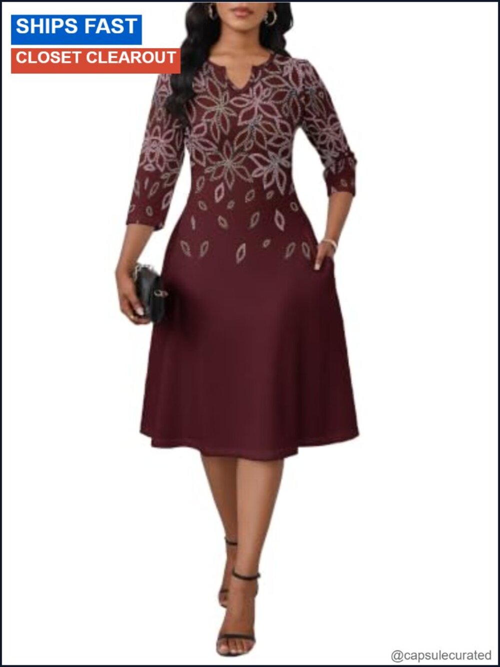 Women's Midi Dress 3/4 Sleeve V-Neck Floral Fit & Flare Church Dress